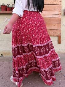 Truni Plus Size Holiday And Leisure Printed Splicing Long Skirt For New Year Clothes Maxi Women Outfit