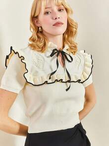 Women Bow Detail Short Sleeve Knit Sweater, Casual Crinkled Ruffle/Frill Contrast Trim Multi-Layered Cake