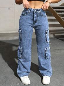 Flap Pocket Side Cargo Denim Jeans Simple Fashionable Daily Casual