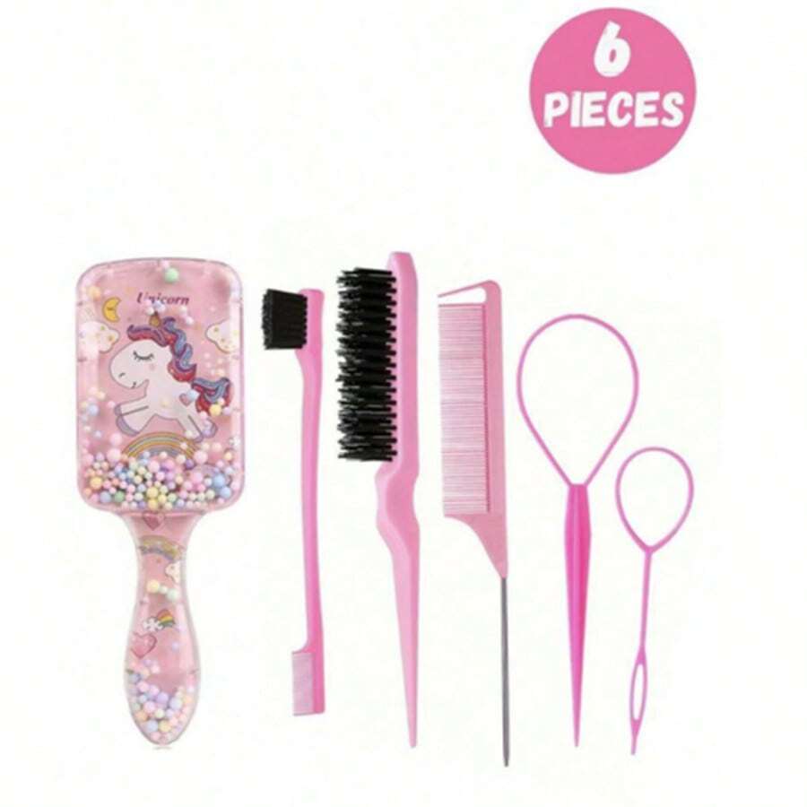 6pcs Girl Cartoon Rainbow Pony Hair Comb Set, Comes With 2 Topsy Tail Tools, 1 Brushing Teasing Hair Brush, 1 Edge Brush, And 1 Mouse Tail Comb For Girls, Hair Styling, Edge And Back Combs, Ideal For Giving Gifts - Multicolor - View 1