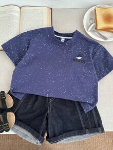 2-25 新款夏季男童休闲百搭短袖T恤，星空印花，幼儿和小孩 - 藏蓝色 - 查看 3