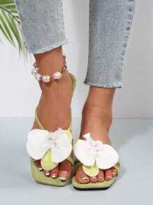 Zapatillas de tacón plano con estampado floral francés para mujer, nuevas sandalias de verano de moda casual, apropiadas para citas, fiestas, ir al trabajo, compras, reuniones, vacaciones, playa
