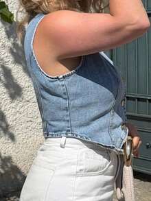 Jeta Ari Women's Summer Single-Breasted V-Neck Casual Denim Vest Jacket - Blue - View 8