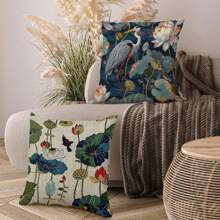 2pcs Outdoor Decoration Pillowcase, Bird And Lotus Waterproof Bench, Balcony Throw Pillowcase, Square, Personalized Wedding Birthday Gift, Beach Sofa, Garden Decoration, Single Side, No Pillow Core