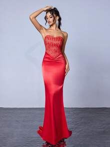 Women's Lace Patchwork Satin Dress With Non-Slip Straps, Hidden Zipper, Strapless Design - Red - View 4