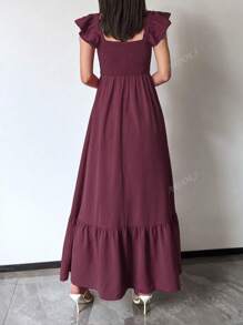 Vestido largo elegante de manga de vuelo con diseño elegante, vestido de verano cómodo y sencillo de unicolor para vacaciones, vestido casual de moda rojo para mujer