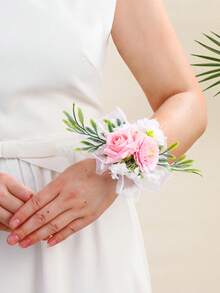 1pc Rose Wrist Corsage For Wedding Artificial Bridal Flower Corsage With Double Layer Pearl Bracelet Hand Decor For Prom Party Homecoming, Wristband Flowers Bride, Bridesmaid - Multicolor - View 7