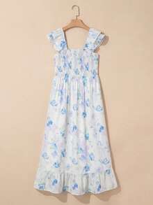 Acelitt 天蓝色印花方领收腰双层荷叶边下摆无袖长连衣裙，夏季 - 淺藍色 - 查看 4