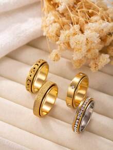 4/5枚时尚优雅不锈钢戒指，18K镀金镶嵌水钻，圆形和方形款式，适合女性日常佩戴、约会、派对、婚礼、订婚、节日及送礼。 - 金 - 查看 15