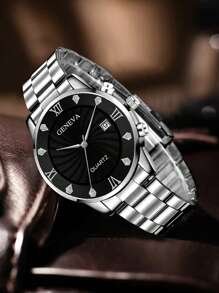 2PCS Silver Alloy Strap Men's Watch Set Fashion Simple Style Round Dial With Calendar Quartz Watch Bracelet Set Suitable For Daily Clothing Matching With Festival Gifts