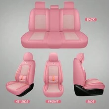 Breathable Luxury Nappa Leather + Ice Silk Car Seat Cover 4 Season Use Front Back Rear Cushion Full Wrapped Protector Universal Fit For 95% Cars SUV Truck - 粉色 - 查看 6