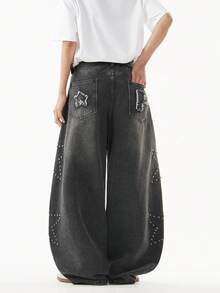 1条正义兄弟美式街头铆钉五角星牛仔裤，品牌水洗宽松阔腿休闲街头裤，宽松版型长裤（不含腰带和配饰）