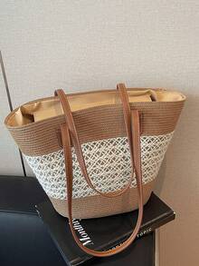 2026 New Straw Tote Bag, Large Capacity Straw Bag, Fashion Versatile Commuter Shoulder Bag, Beach Bag, Travel Vacation Bag, Striped Woven Straw Tote Bag For Women - Beige - View 8