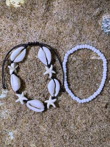 2pcs/Set Bohemian Beach Style Beaded Seashell & Starfish Handmade Bracelet Set For Women