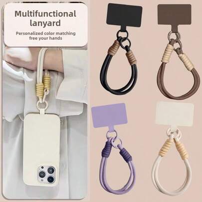 1 pieza Cordón de teléfono trenzado de unicolor y color caramelo, versión universal multiuso, fácil desmontaje, cuerda tejida a mano con pendiente para funda de teléfono