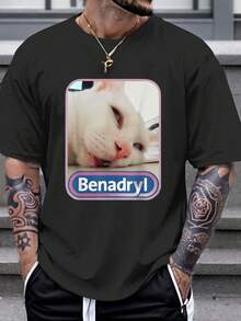 Benadryl Meme Cat Benny Cute & Funny Weird Meme T-Shirt, Unisex Funny Graphic T Shirts - 黑色-01 - 查看 2