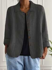Women's Casual Solid Color Front Button Long Sleeve Thin Jacket - Dark Grey - View 3