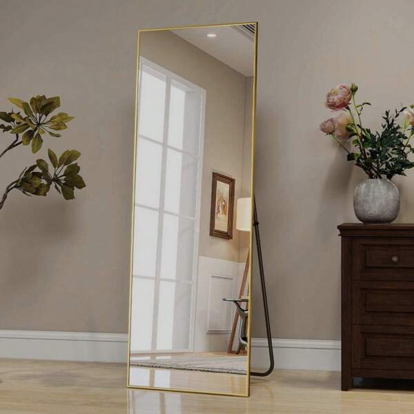 Bathroom Mirror, Gold 58.3"X 18" Rectangular Full Length Mirror With Stand Wall-Mounted Or Leaning Floor Mirror, Gold