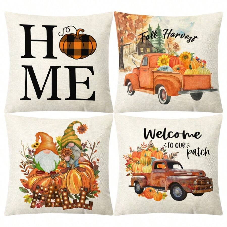1/2/4pcs Pumpkin Linen Print Pillow Case, Thanksgiving Pillow Cover Suitable For Living Room, Bed, Sofa, Home Decor Cushion Cover, Soft & Minimalist Sofa Pillow Covers, Pillow Insert Not Included