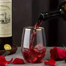 10 个 360 毫升金边塑料红酒杯，适用于水、果汁、鸡尾酒、红酒、甜点饮料，适用于生日、婚礼、节日、万圣节、圣诞节、新年派对用品，可重复使用