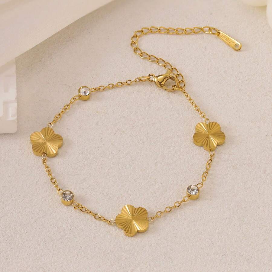 1pc Gold Stainless Steel Floral Design Fashionable Bracelet For Women - Gold - View 1
