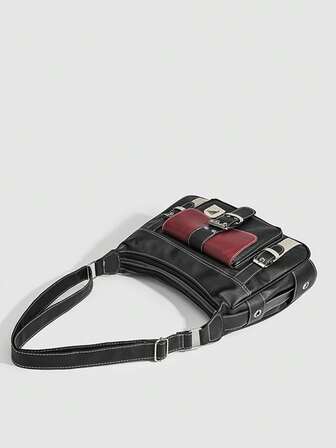 Large Capacity Textured Handbag, PU Leather Two-Tone Color Shoulder Bag, Women's Commuter Hobo Bag