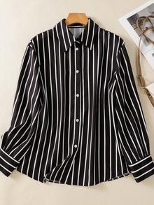 女士时尚条纹印花长袖休闲衬衫，春夏