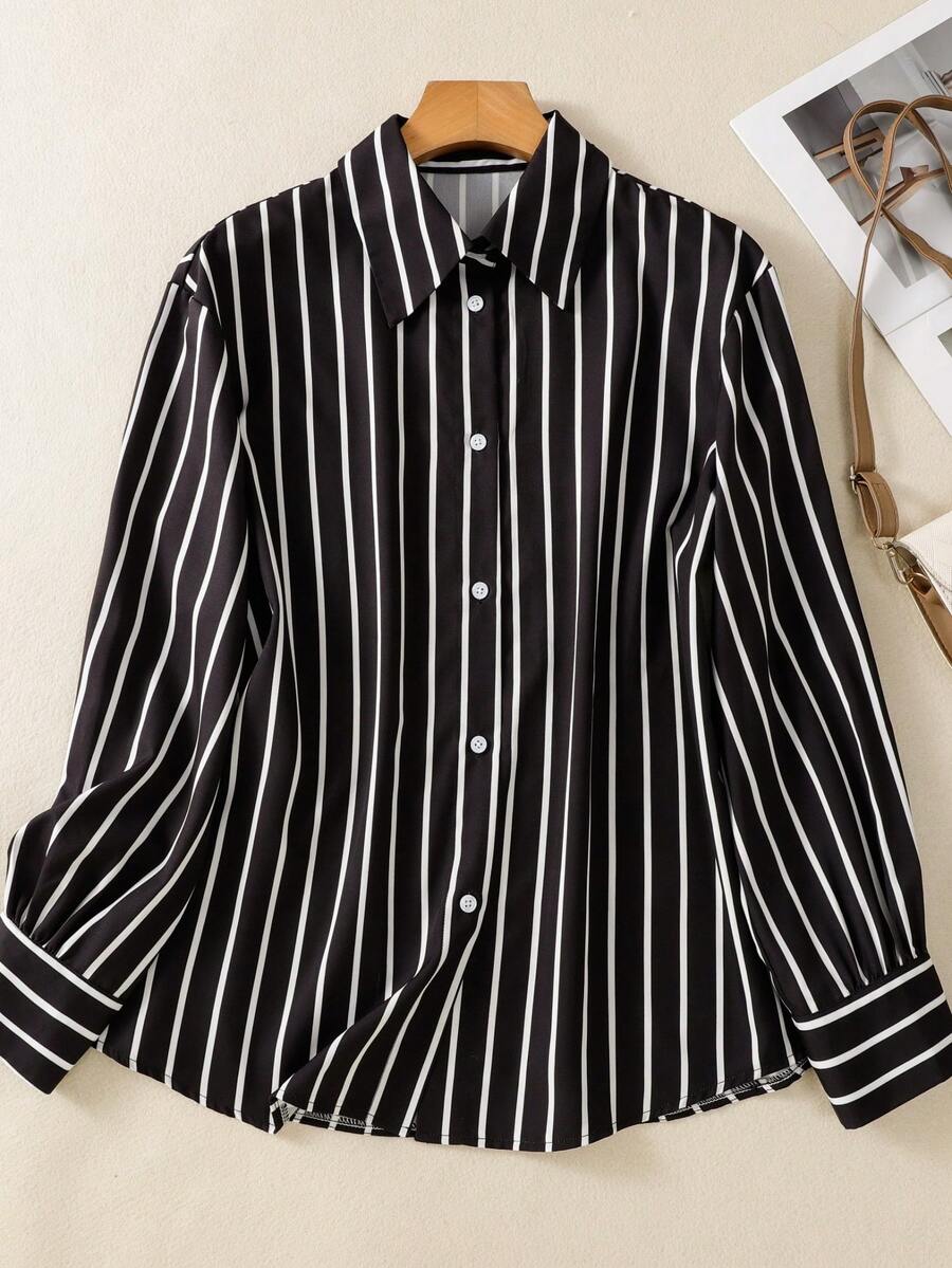 女士时尚条纹印花长袖休闲衬衫，春夏