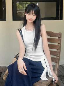 女款純色不對稱休閒居家與街頭風背心 - 白色 - 查看 5
