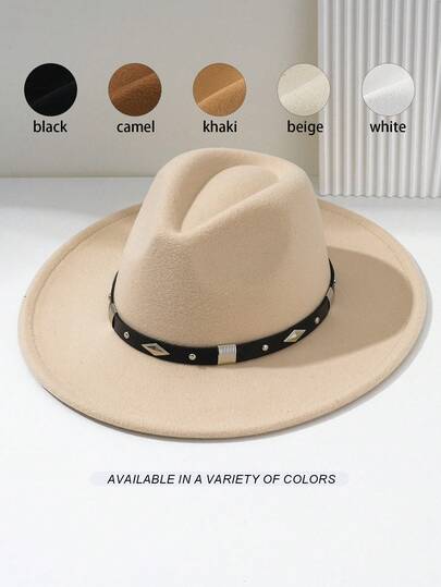 1 件男女通用毛毡牛仔帽，独特 PU 金属带平檐英式圆帽，波西米亚朋克风格户外帽，优雅美观，适合主题派对、西方庆典、聚会、毕业典礼、化妆舞会、节日、婚礼、生日、音乐节