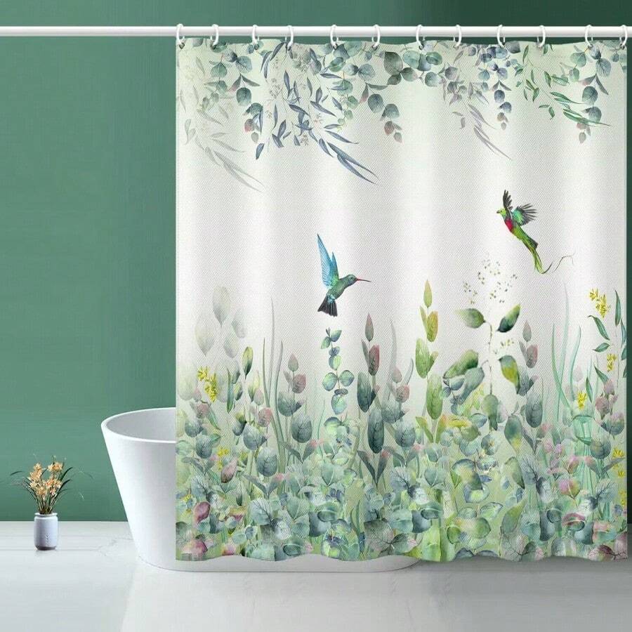 Green Leaf Shower Curtain Emerald Bird Mint Green 72 W X 72 L With 12 Hooks Weighted Hem Bathroom Shower Curtain Hummingbird Shower Curtains Water Resistant - GreenLeafKingfisher - View 1
