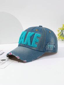 1pc Women's Contrast Stitched Letter Design Distressed Denim Baseball Cap, Fashionable For Daily Use - Baby Blue - View 8
