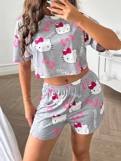 Sanrio [WONDER WORLD]2pcs Hello Kitty Print Women Short Sleeve Crop Top + Elastic Waist Shorts Cute Pajama Set