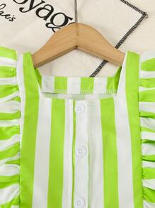 Set de 2 piezas de blusa sin mangas con botones a rayas y pantalones cortos a rayas para niñas, conjunto informal cómodo y de moda