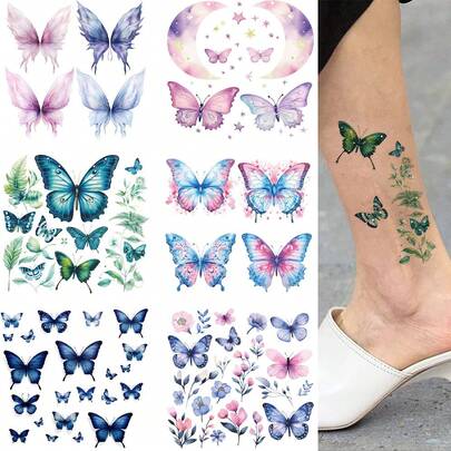 STARTTOOS 6 miếng dán hình xăm tạm thời hình bướm, hình lưỡi liềm, hình ngôi sao, hình hoa lấp lánh, hình dán hình xăm chống nước cho phụ nữ hàng ngày, tiệc tùng, quà tặng ngày lễ, đồ trang trí cơ thể, cổ tay