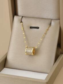 1pc Fashionable Rhinestone Circular Pendant Stainless Steel Necklace, Gold Jewelry, Gold Necklace, Gift - Yellow Gold - View 8