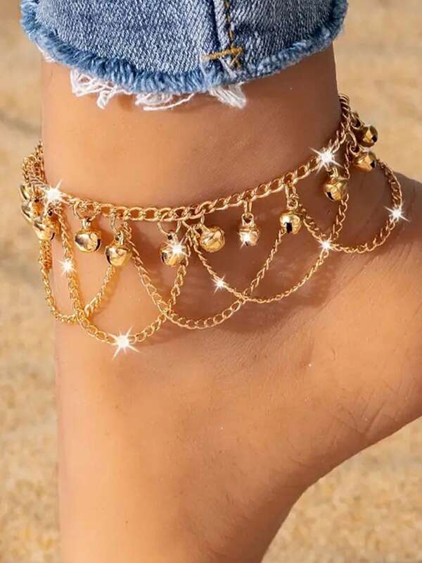 1 Piece Fashion Layered Wavy Tassels Small Bells Anklets Barefoot Foot Chain Belly Dance Jewelry Accessories For Women Girl's Ankle Bracelet Foot Chains Suitable For Dance Costumes Decorations Ornaments