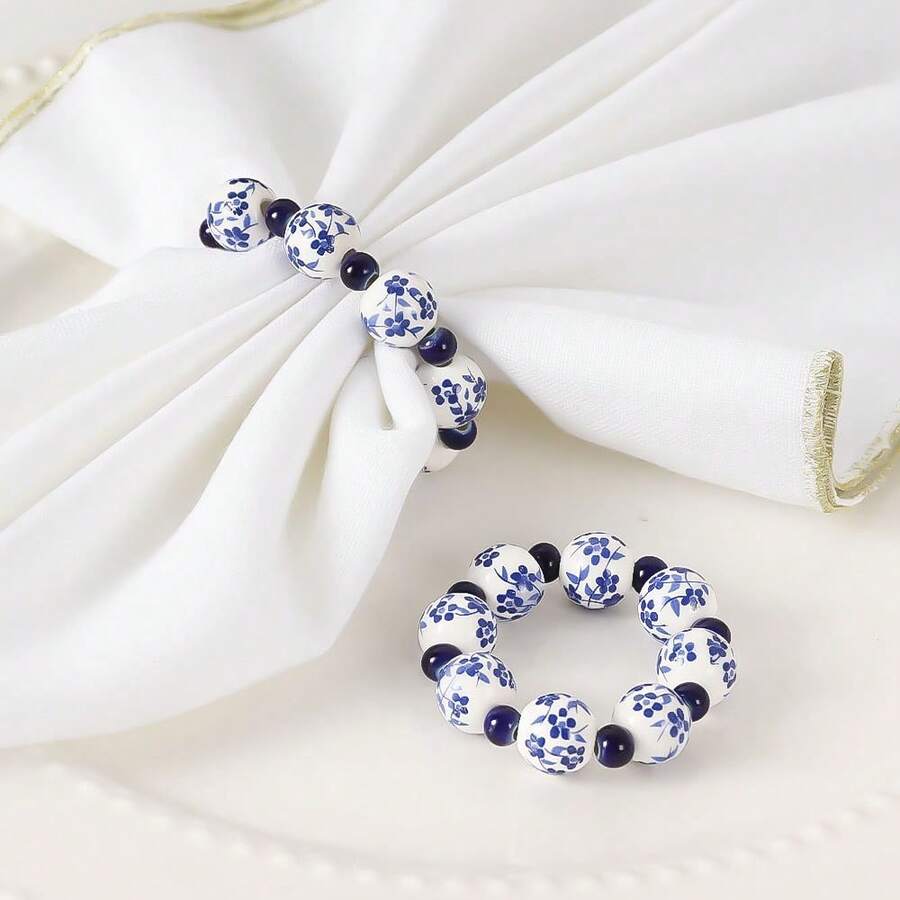 1pc/6pcs Creative Hand-Painted Blue And White Porcelain Bead Napkin Rings, Home Decor, Dining Table Decoration, Wedding Party Holiday - Multicolor - View 1