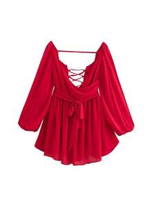 Women's Summer Elegant Vacation Style V-Neck Solid Color Sexy Pleated Short Dress With Back Slit - Red - View 3