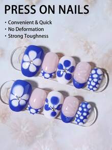 24Pcs Short Oval Flower Nails 3D Gelnail Makes Design French Acrylic Press On Nails Short Perfect Fit Fake Nail Set,Include: 1Pc Jelly Glue And 1Pc Nail File,Easy To Wear Summer Nails & French Tip Press On Nails Art For Women And Girls Daily Life Rave Party Use Nail Supplies Nails - Blue - View 2