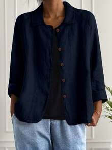 Jessfine Solid Color Collar Linen Blend Navy Blue Casual Jacket, Lightweight And Versatile For Spring/Summer - Navy Blue - View 1