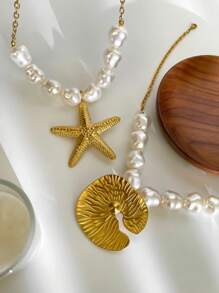 Colar com pingente de estrela do mar e folha de lótus, exclusivo, assimétrico, de aço inoxidável, inspirado no Barroco, para mulheres