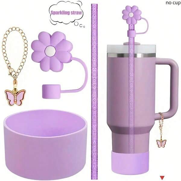 4pcs/Set Daisy Straw Caps, Glitter Straws, Bow Decorative Silicone Cup Sleeves, Drinkware Accessories