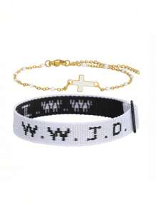 1 Pair WWJD What Will Jesus Do Letter Jacquard Knit Wristband Bracelet & Cross Decor Bohemian Beaded Bracelet Inspirational Christian Jewelry Set For Women Men For Daily Wearing