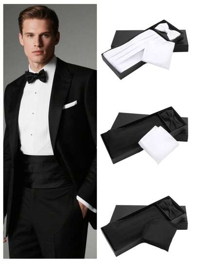 Set de 3 piezas de accesorios de traje formal para hombre incluye fajín + pajarita + pañuelo de bolsillo, unicolor, para padrino, negocios, banquete, decoración de alta gama, caja de regalo versátil y clásica