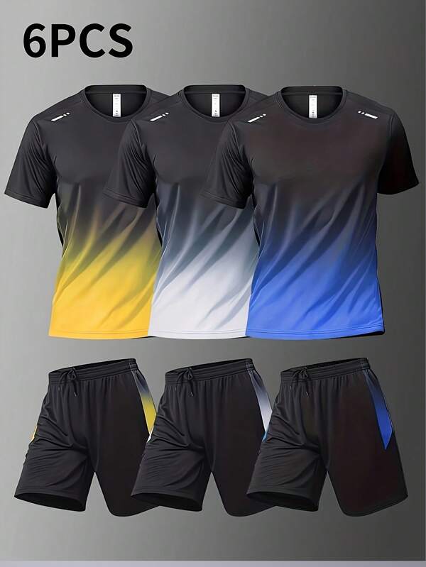 6pcs Sports Set For Men, Breathable Short Sleeve T-Shirt, Quick Dry Fitness Clothing, Basketball Sportswear