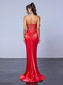 Women's Lace Patchwork Satin Dress With Non-Slip Straps, Hidden Zipper, Strapless Design - Red - View 8