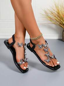 Women's Crystal Embellished Peep Toe Flat Slip-On Sandals, Comfortable & Versatile Elegant Outdoor Shoes