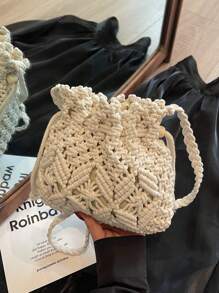 1pc Hollow Weaved Bucket Crossbody Bag, Women New Small Woven Bag, Unique Beach Vacation Style Shoulder Bag, Fashion Chic Envelope Bag