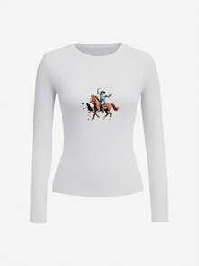 Cowboy On Horseback Swinging Lasso Women's Fashion Long Sleeve Shirt,Y2K, Streetwear, Casual, Rock,Crew Neck,Tee For Women, Holiday, Vacation,Festival,Daily Wear,Outfit Tops - 白色 - 查看 1